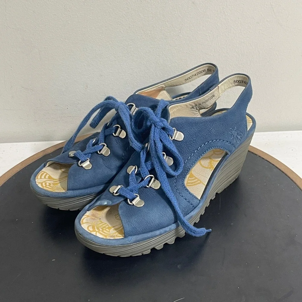 Fly London Slingback Wedge Sandals 8.5 / 39‎ Blue Suede Leather Lace Up Casual